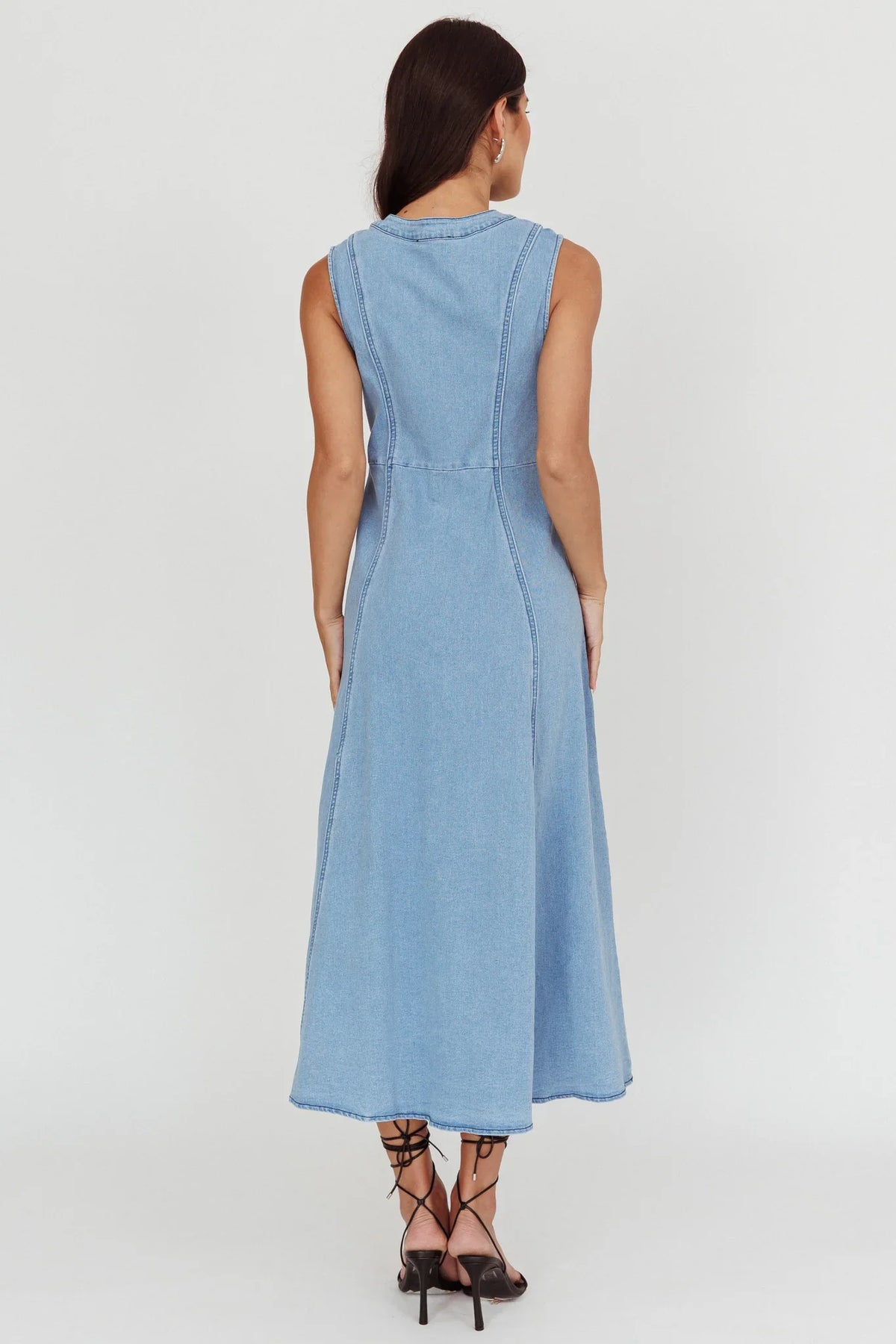 Passionate Flame Sleeveless A-line Midi Dress Denim Blue
