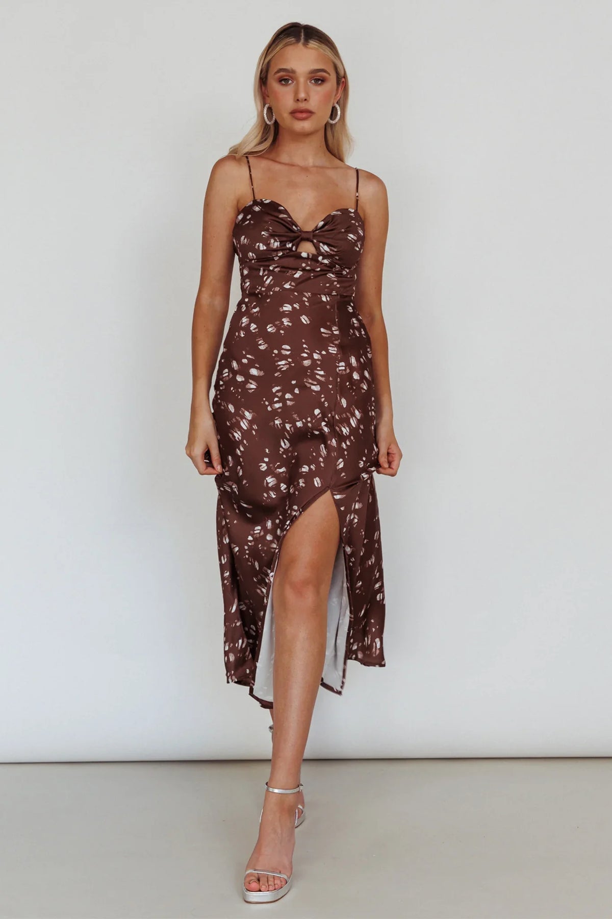 Missoula Cami Strap Padded Bust Midi Dress Printed Brown
