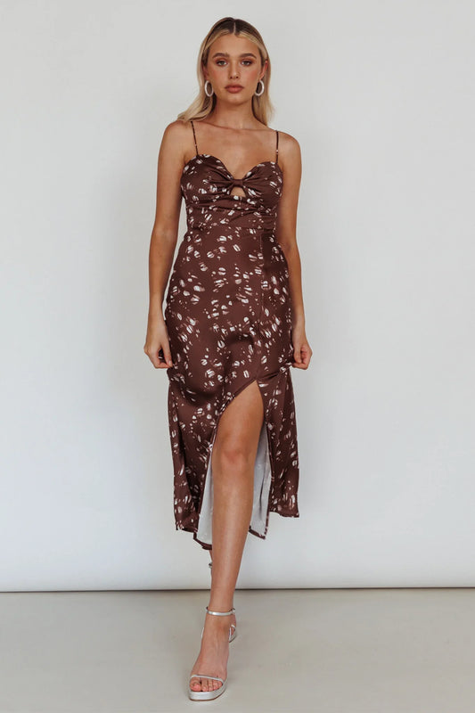 Missoula Cami Strap Padded Bust Midi Dress Printed Brown