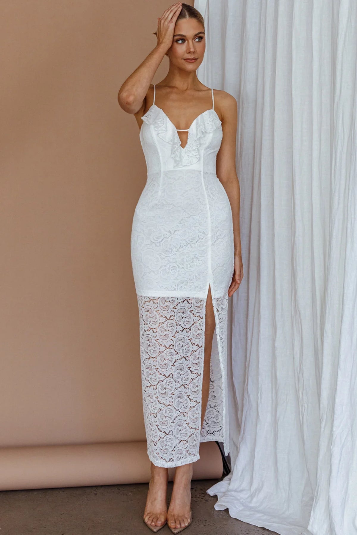 Evaleigh Frill Trim Lace Midi Dress White