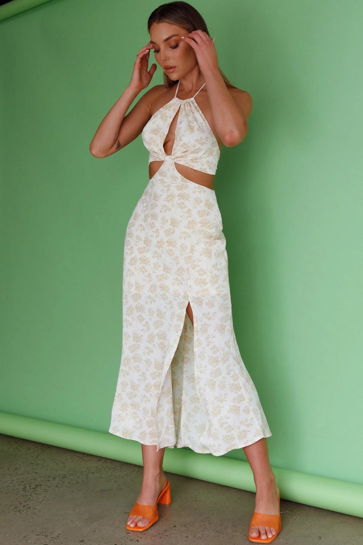 Rising Sun Cut-Out Bodice Dress Floral Print Yellow