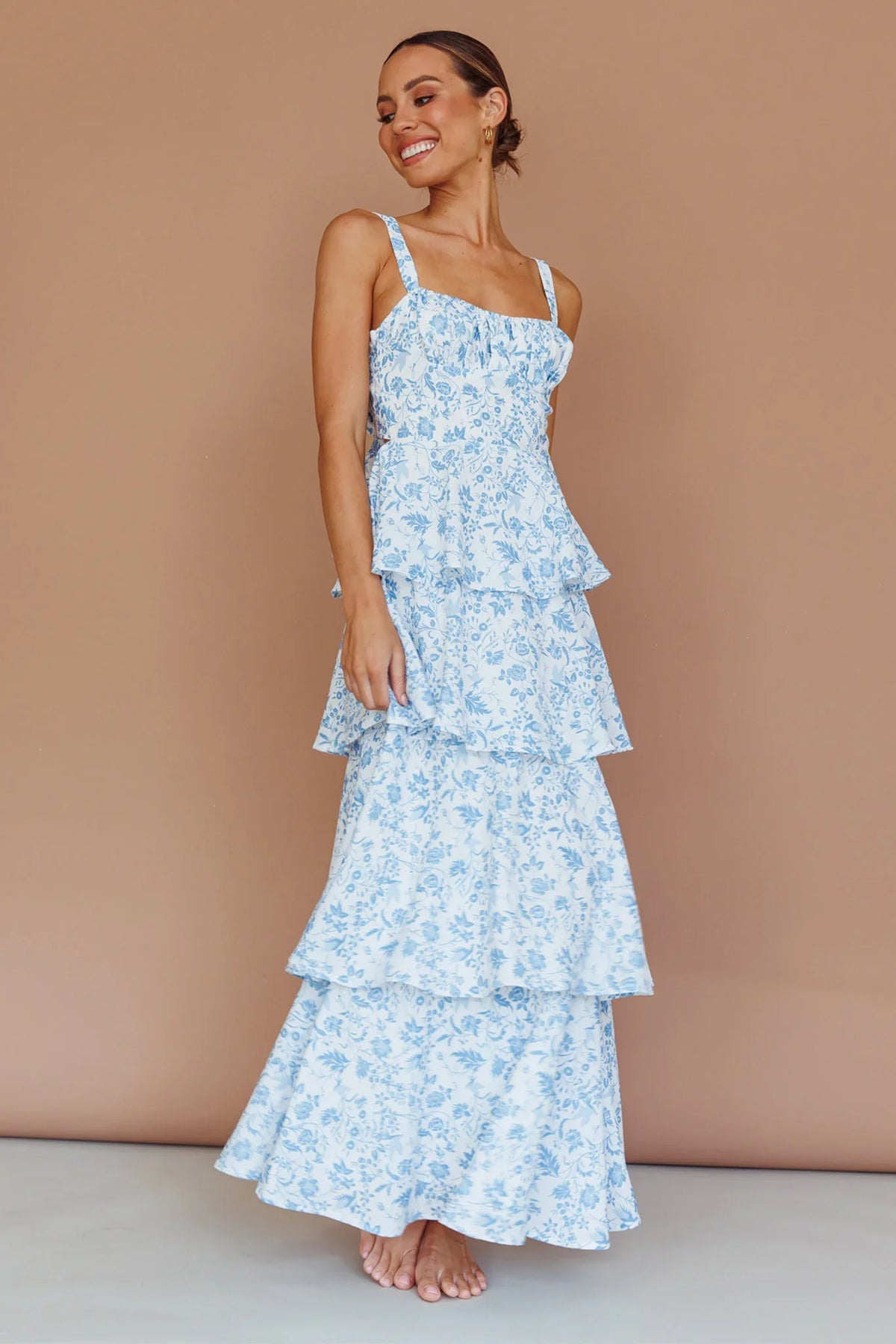 Provence Bloom Tiered Midi Dress Floral Blue