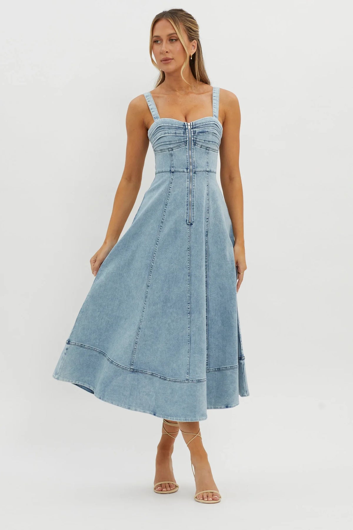 Emilio Pleated Bust A-Line Midi Dress Denim Blue