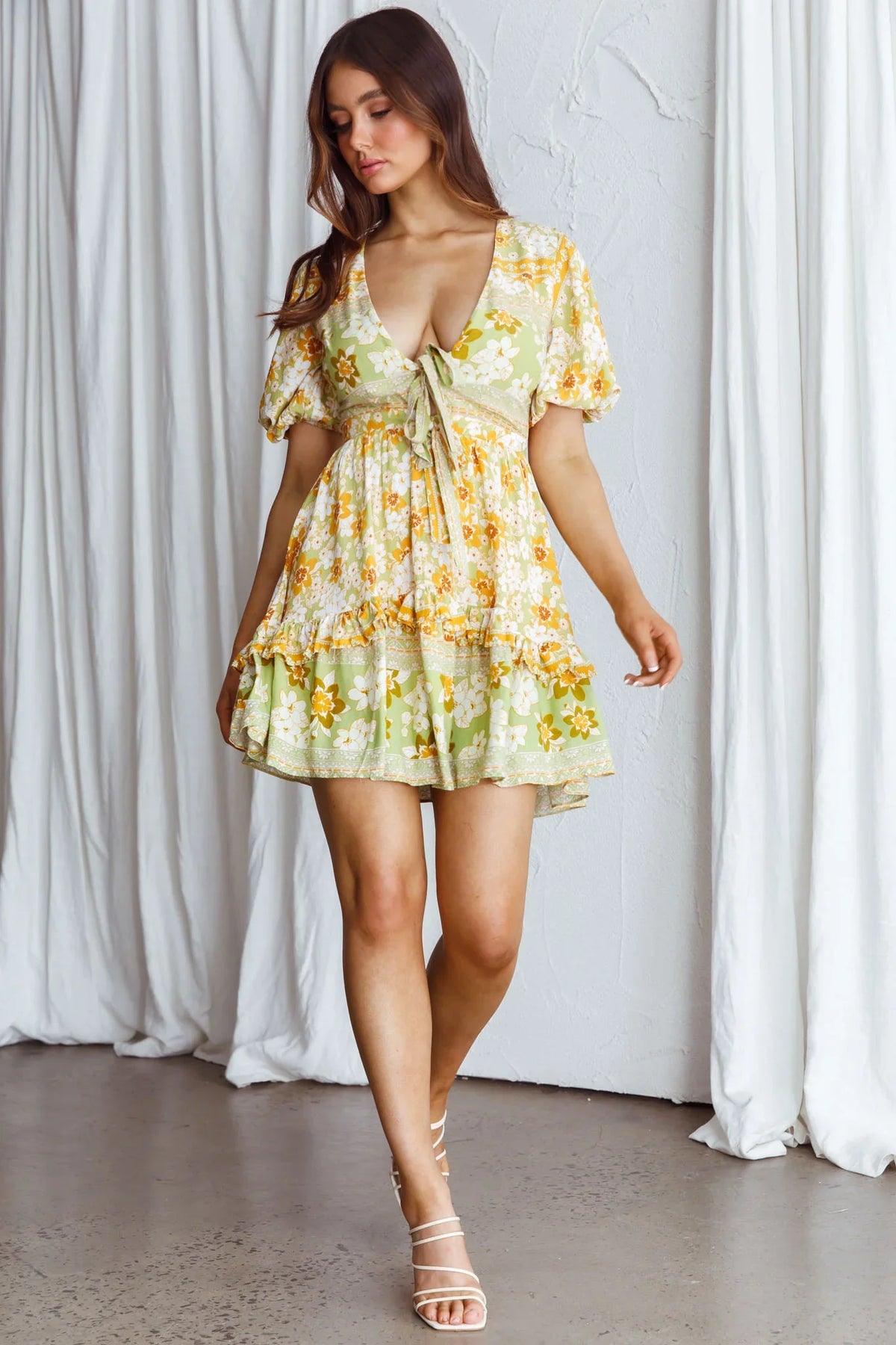 Rosy Tied Bust Mini Dress Floral Apple/Yellow