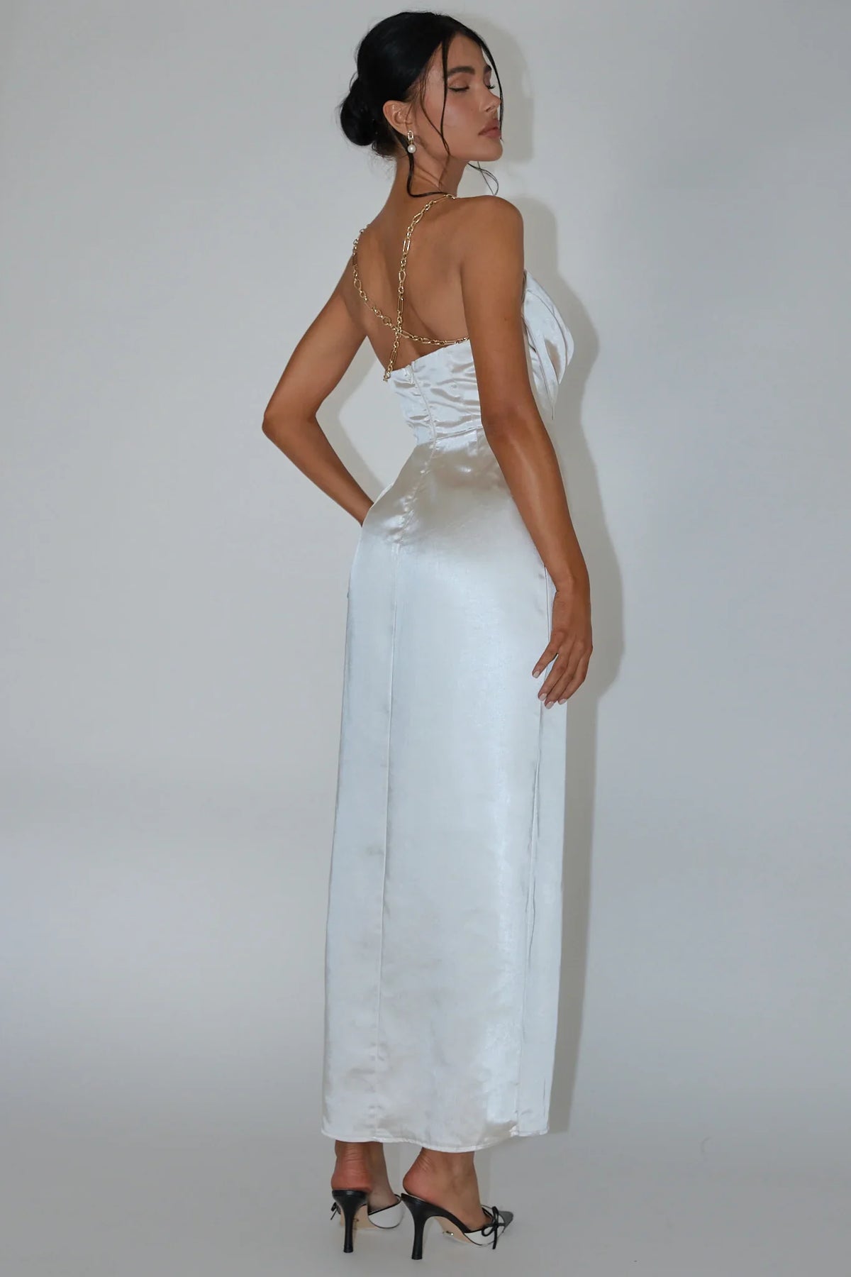 Emanuella Chain Strap Satin Midi Dress Champagne