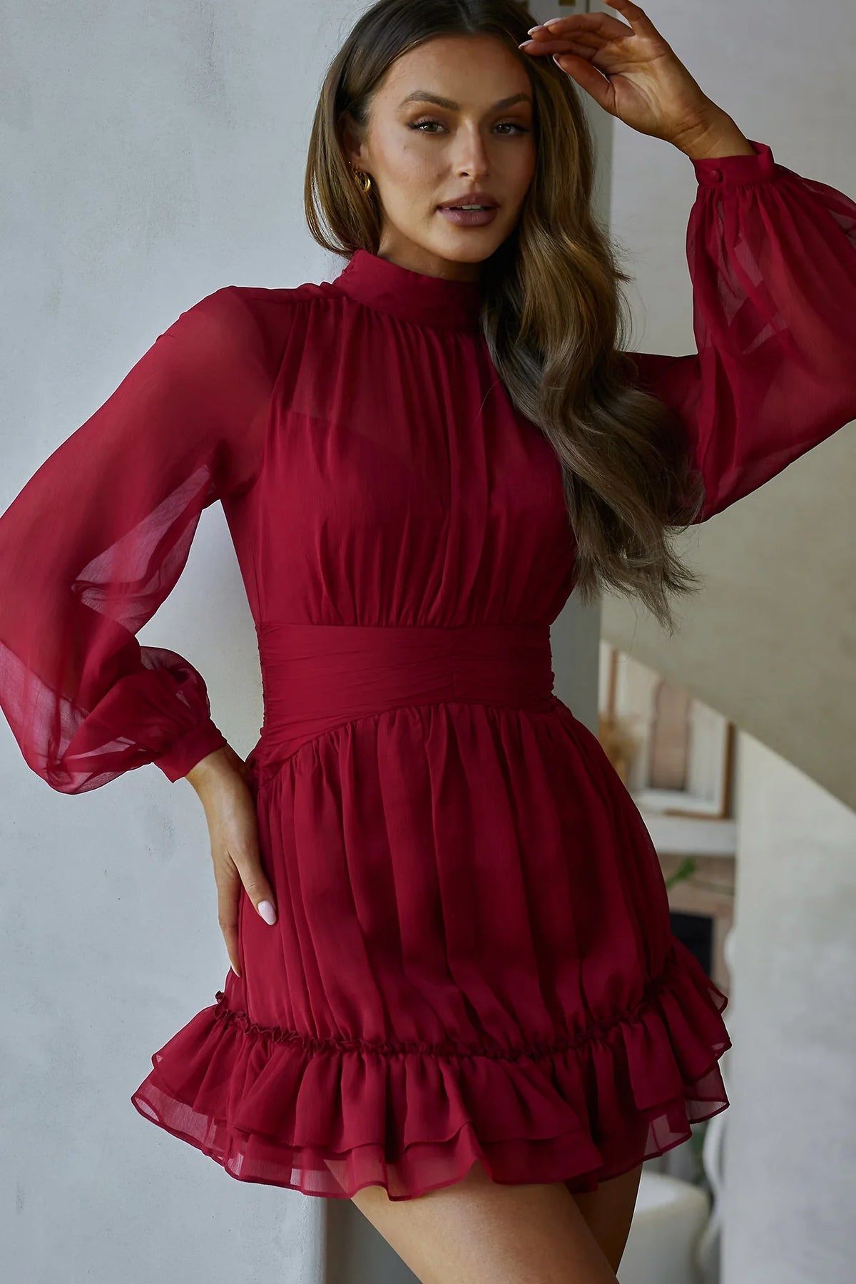 Mandalay High Neck Long Sleeve Waistband Dress Wine