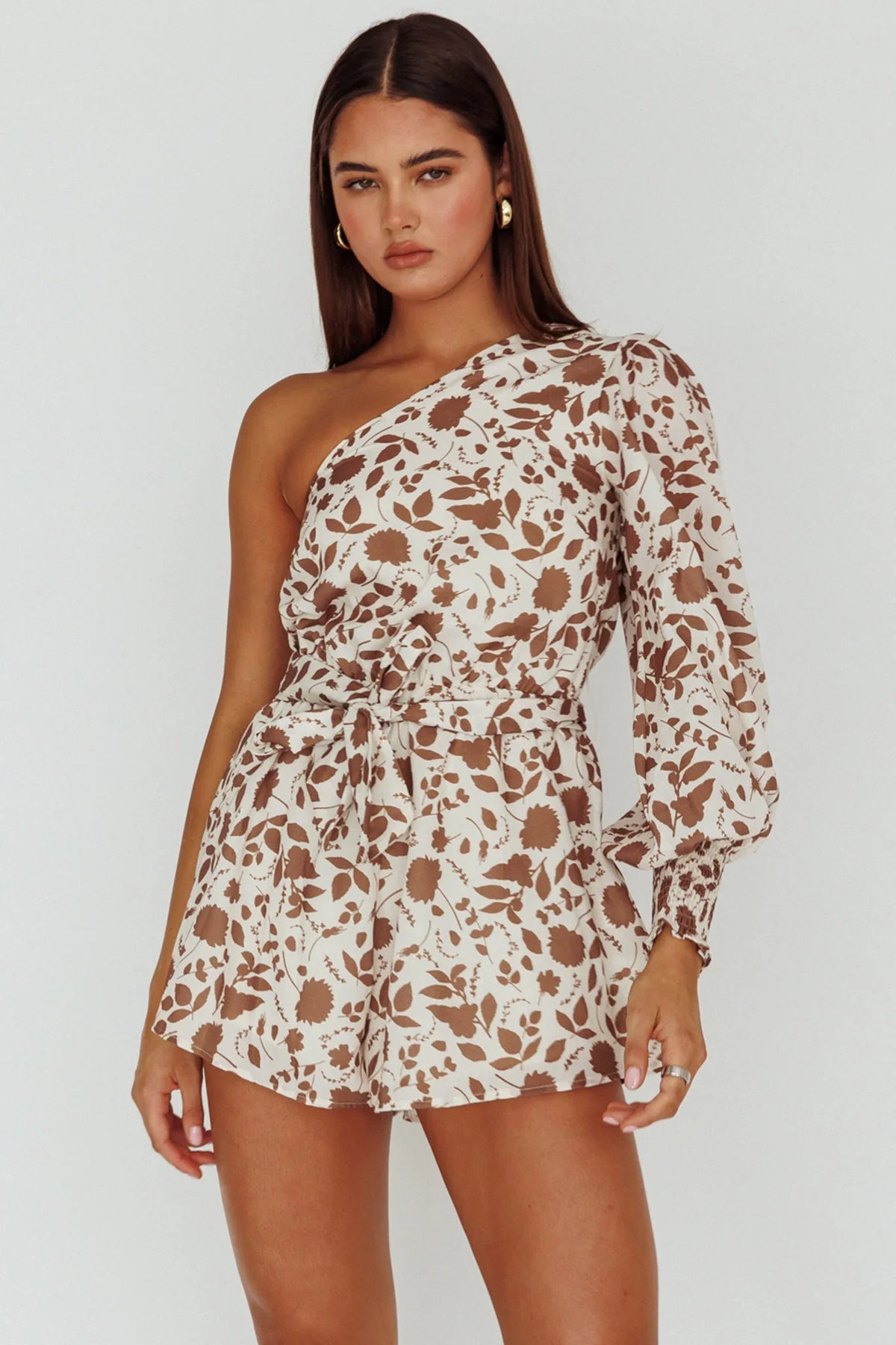 Summer Lover One-Shoulder Romper Floral Brown