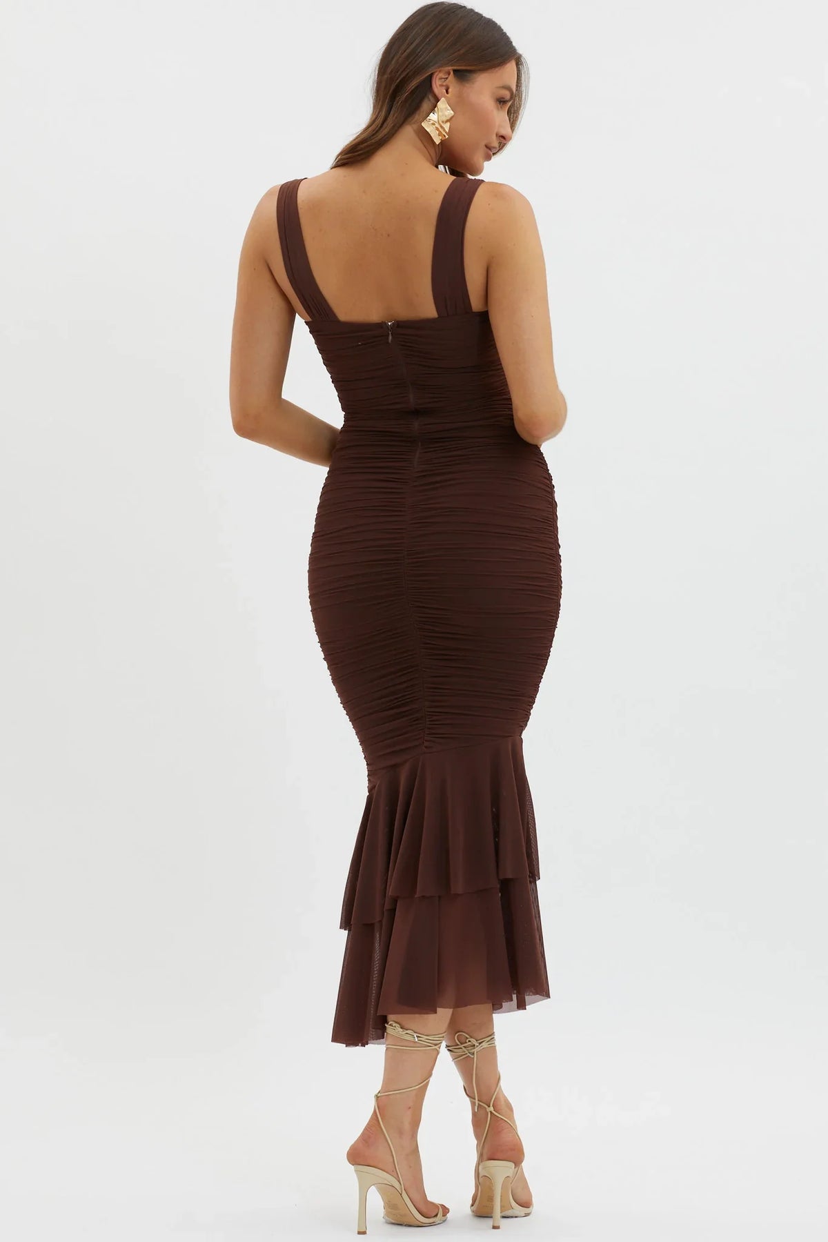 Nadia Ruched Fishtail Maxi Dress Chocolate