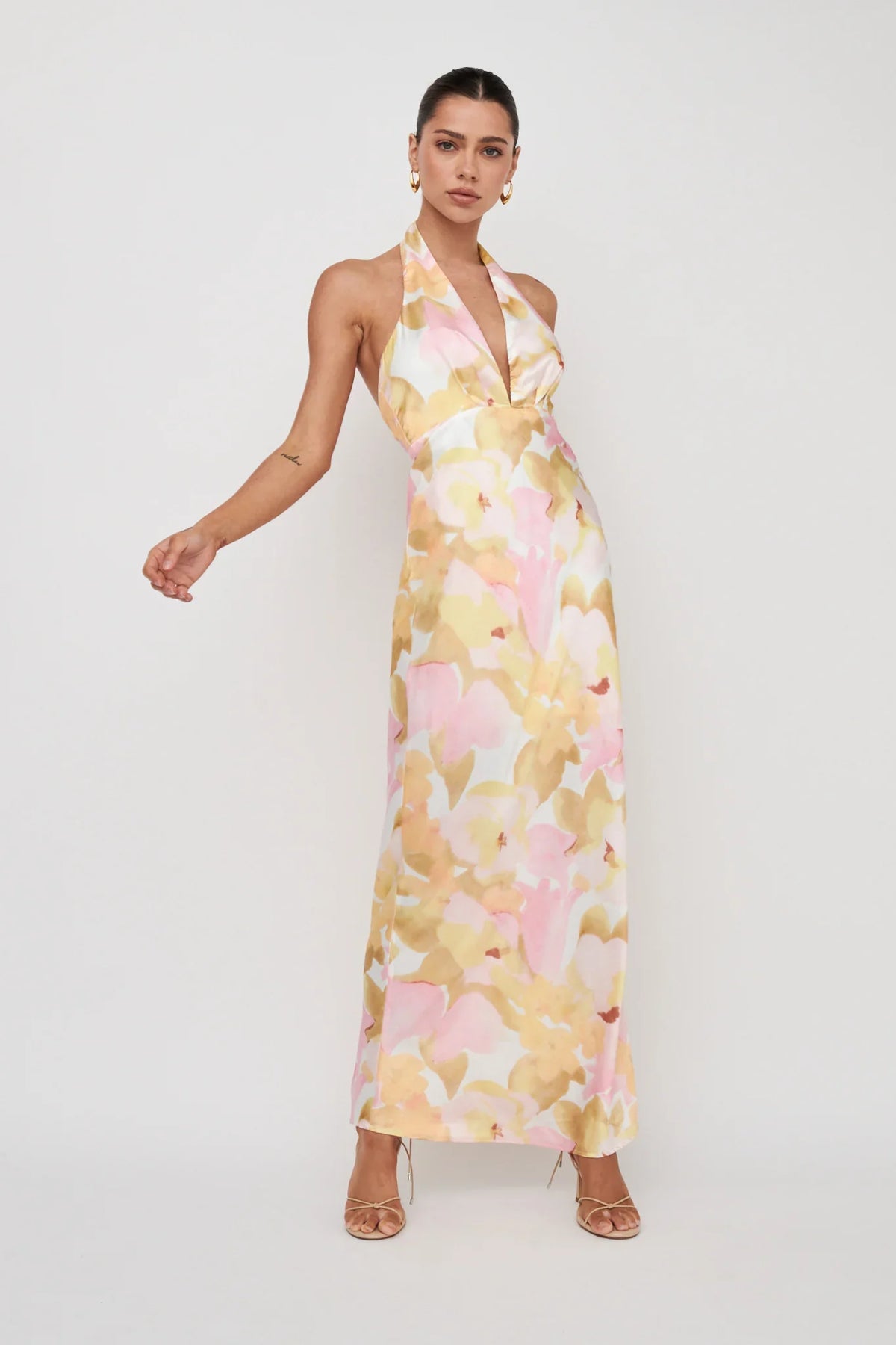 Of Your Dreams Plunging Halter Dress Floral Pink