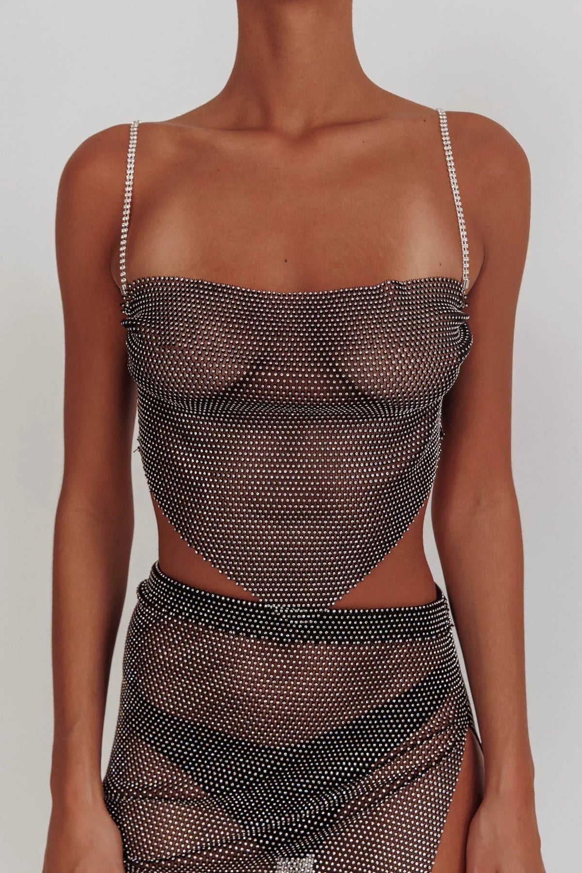 Eden Nights Diamante Mesh Top Black