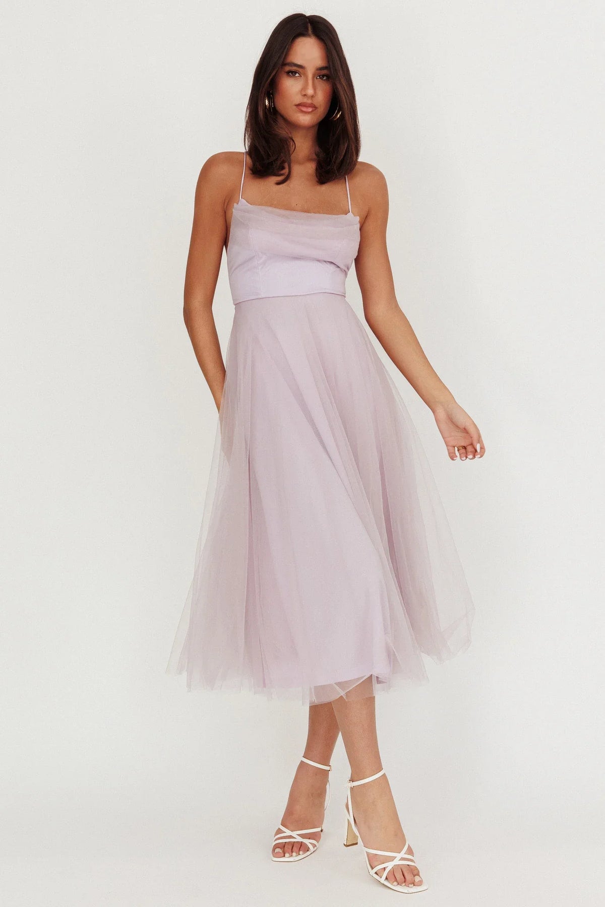 Floating By Pleated Neckline Mesh Midi Dress Lilac