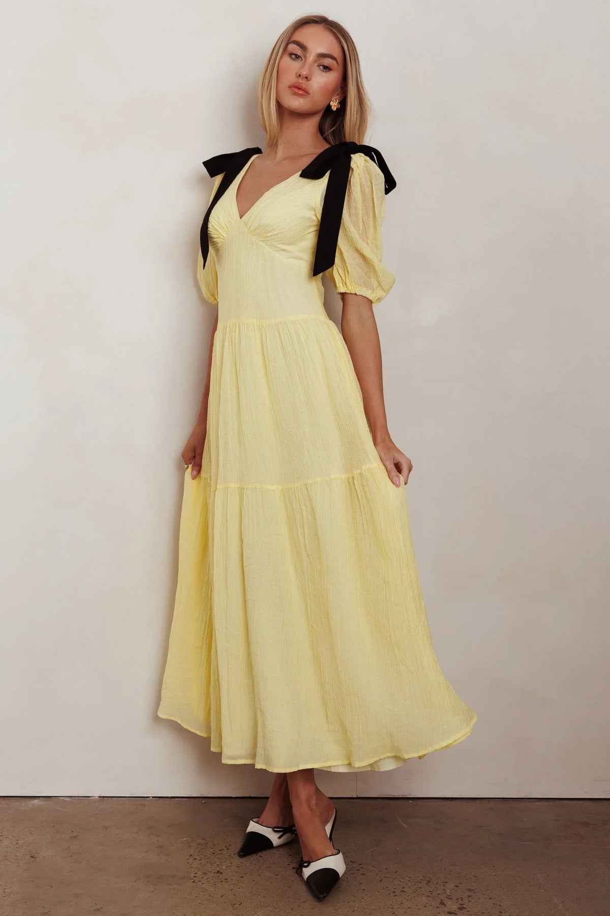 Sinta Bow Shoulder Puff Sleeve Maxi Dress Lemon