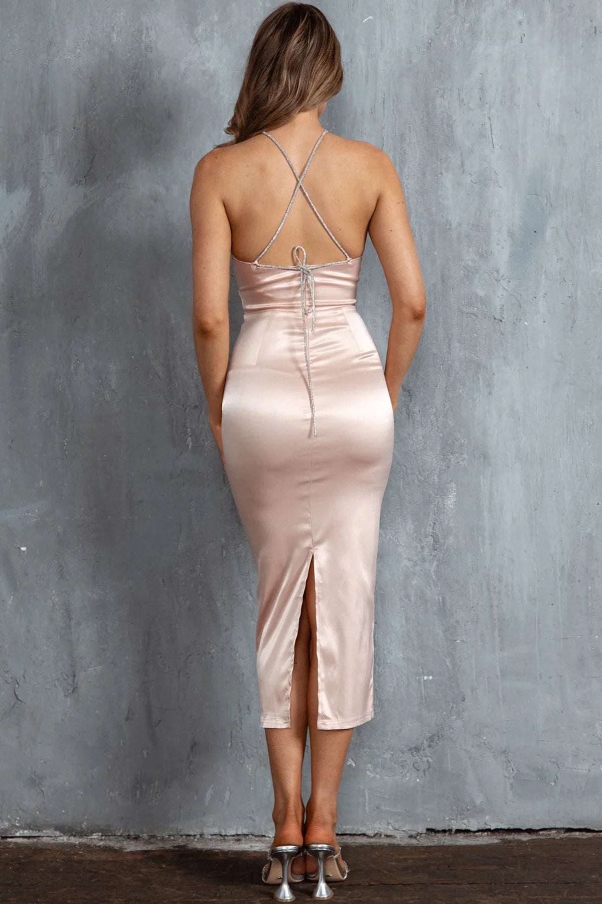 Slow Dance Diamante Strap Midi Dress Blush