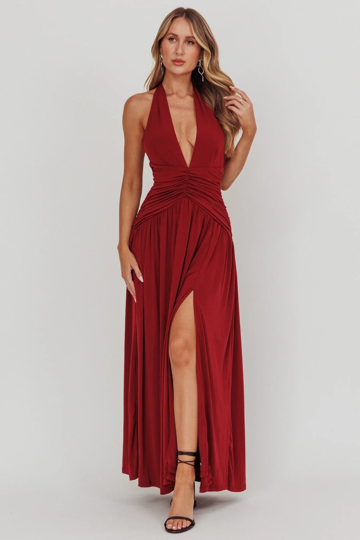 Italia Azure Gathered Waist Maxi Dress Wine