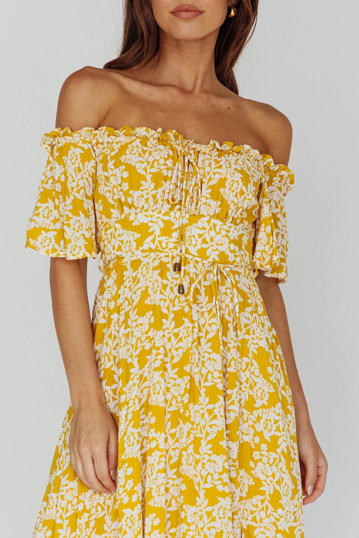Voyager Off-Shoulder Bell Sleeve Midi Dress Floral Yellow