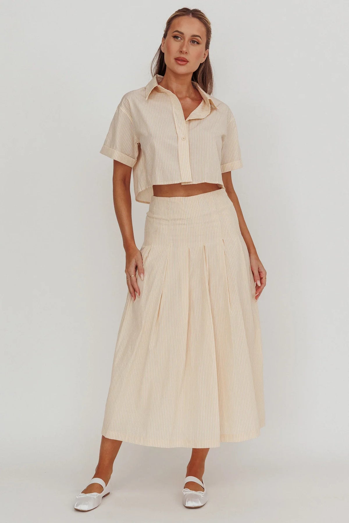 Zealous A-Line Striped Midi Skirt Beige/Off White