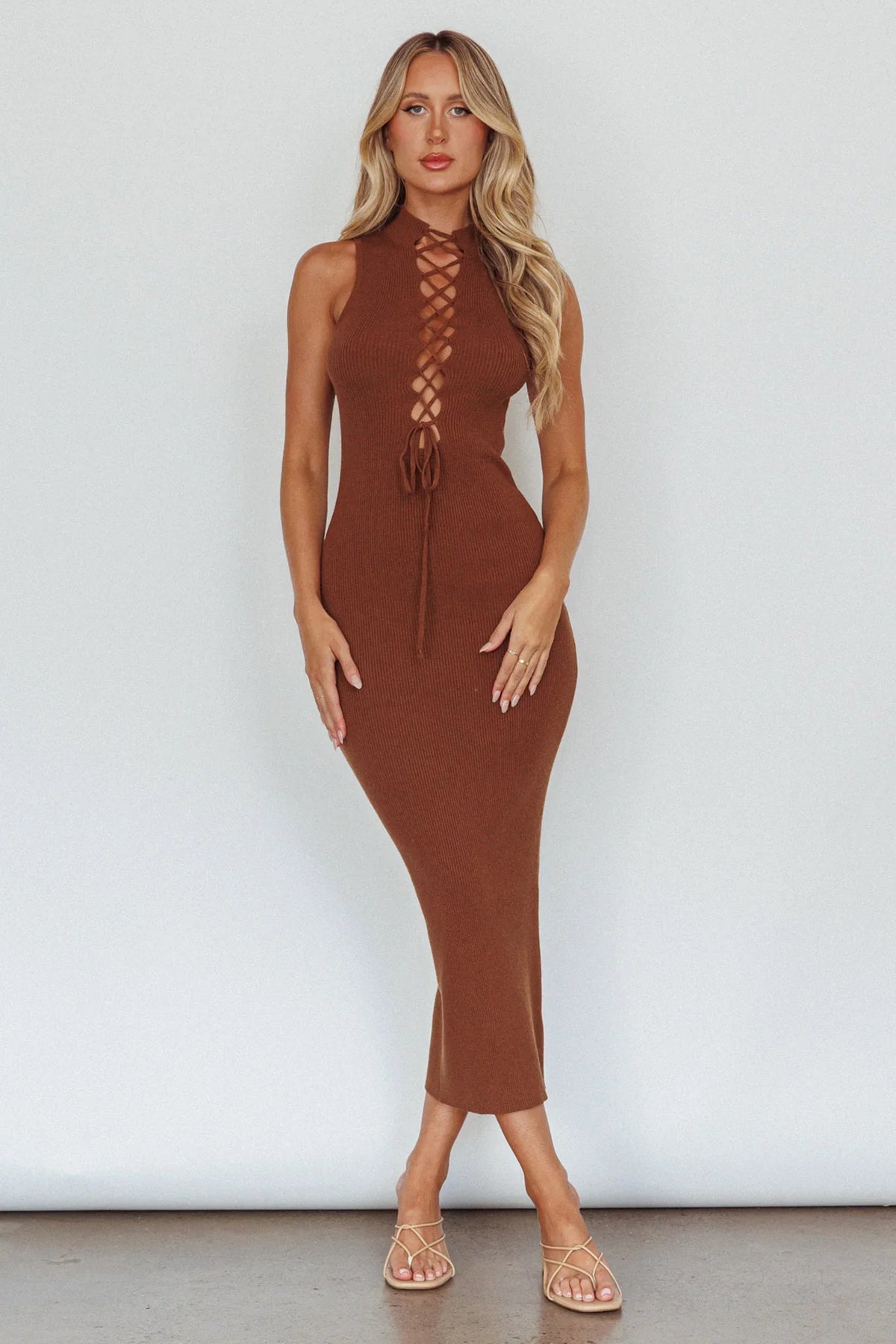 Brand New Day Lace-Up Bust Knit Midi Dress Chocolate