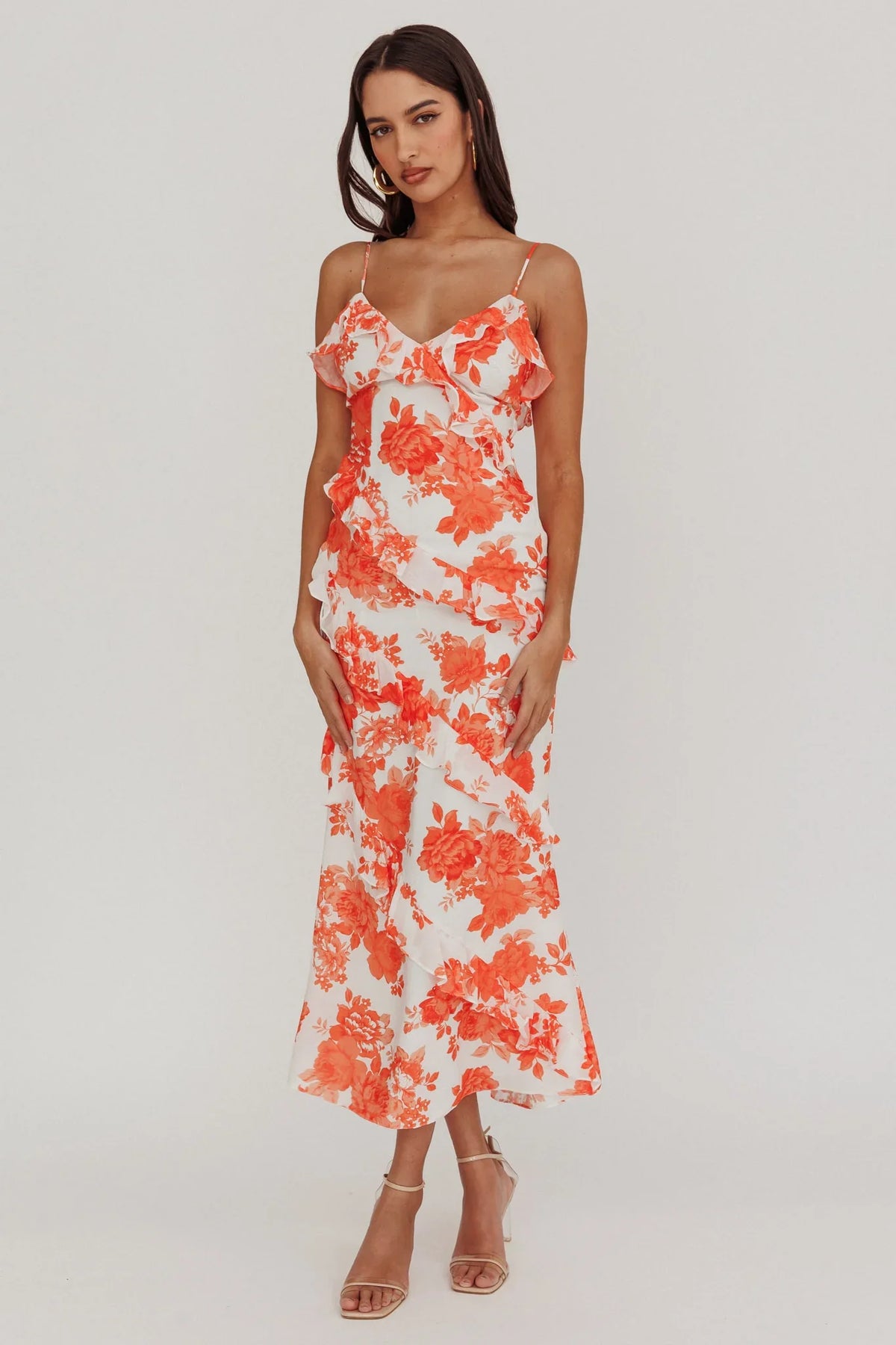 Silvana Frill Trim Maxi Dress Floral Orange