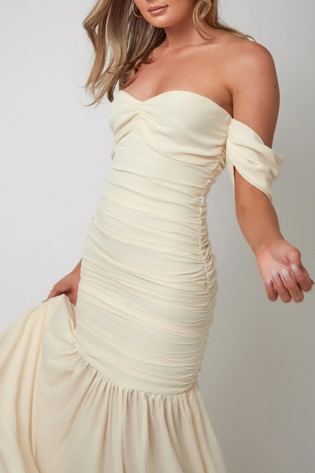 Dalisha Off Shoulder Ruched Maxi Dress Cream
