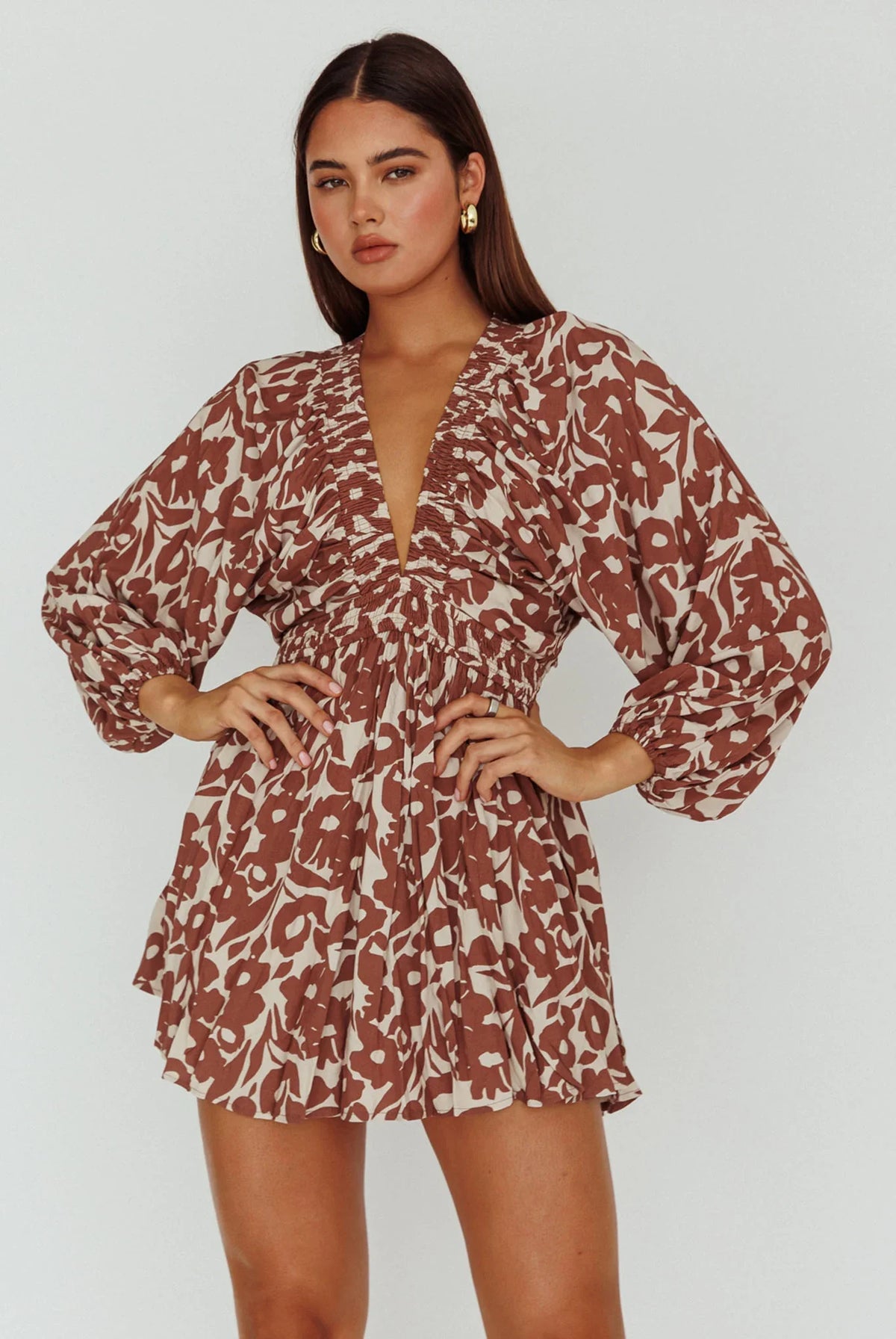 Going Your Way Long Sleeve Mini Dress Floral Brown