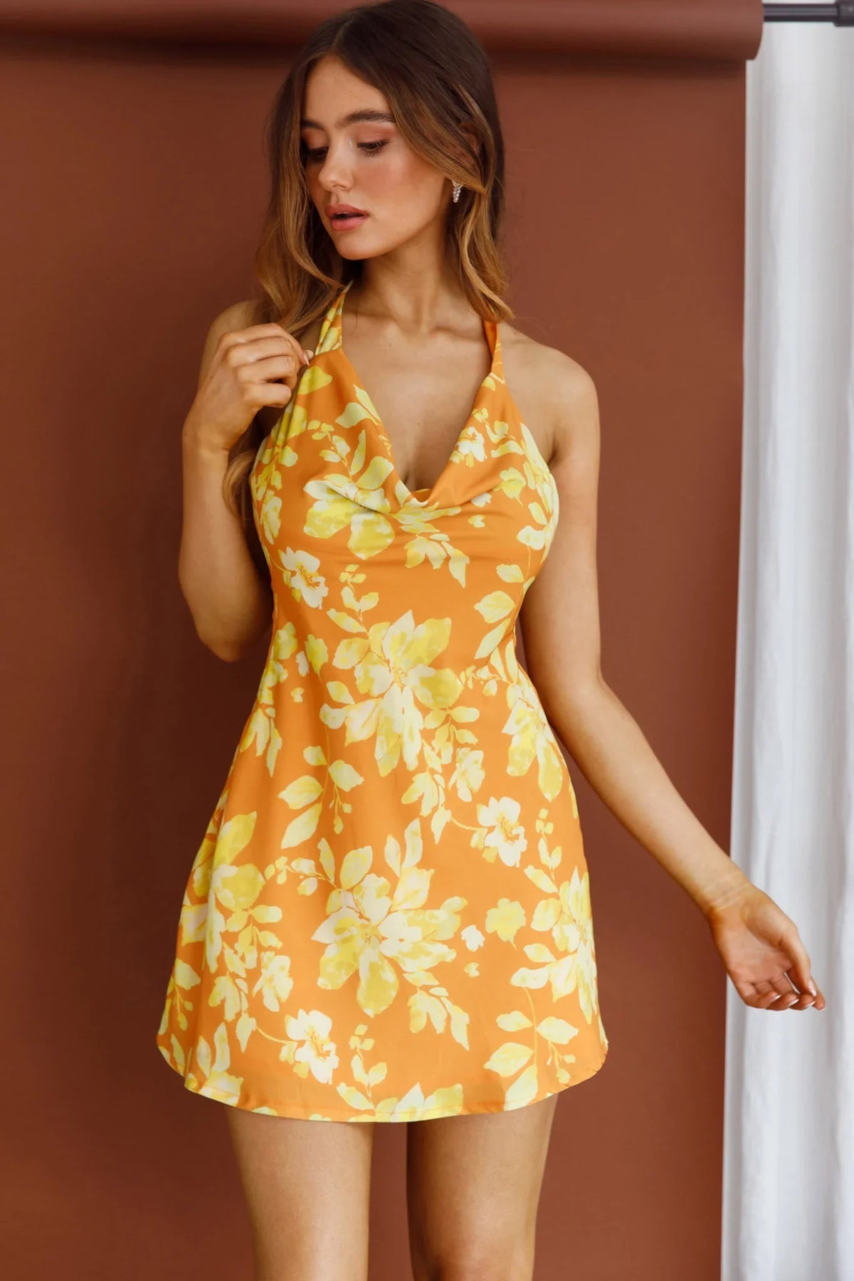 Champagne Showers Halterneck Slip Mini Dress Watercolor Floral Print Yellow