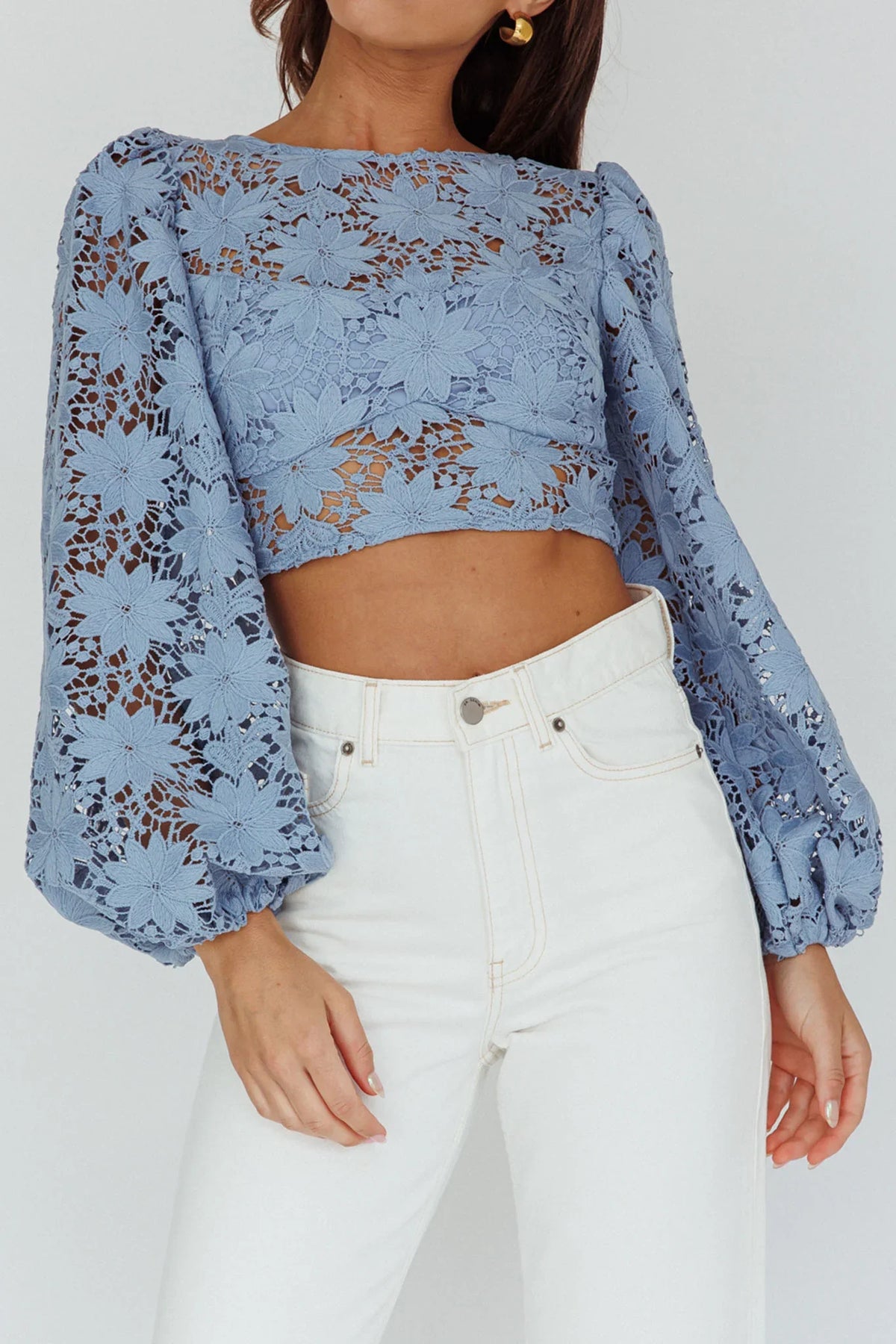 Arriana Balloon Sleeve Lace Crop Top Blue