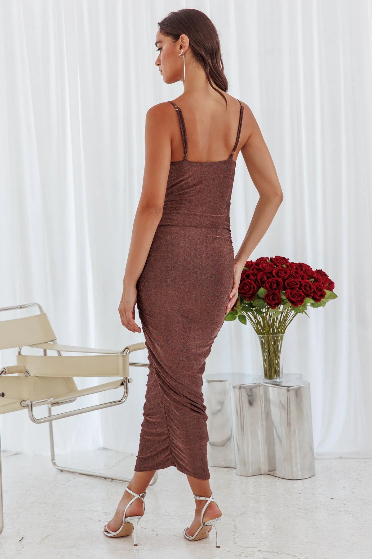 Got Glam Ruched Maxi Dress Shimmer Chocolate