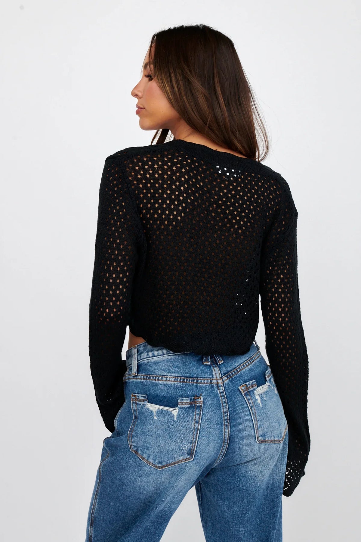 Moon Phase Long Sleeve Crochet Top Black