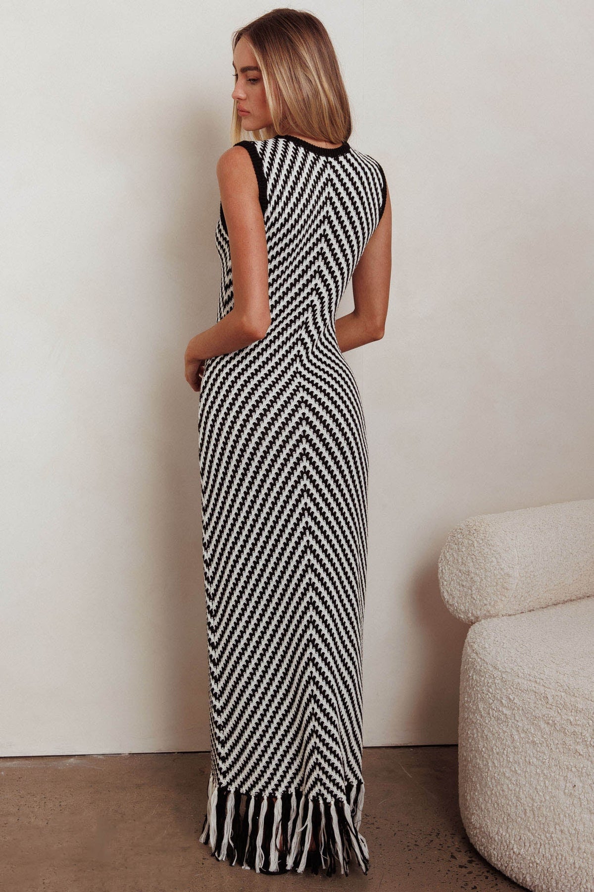 Same Place Fringed Knit Maxi Dress Black