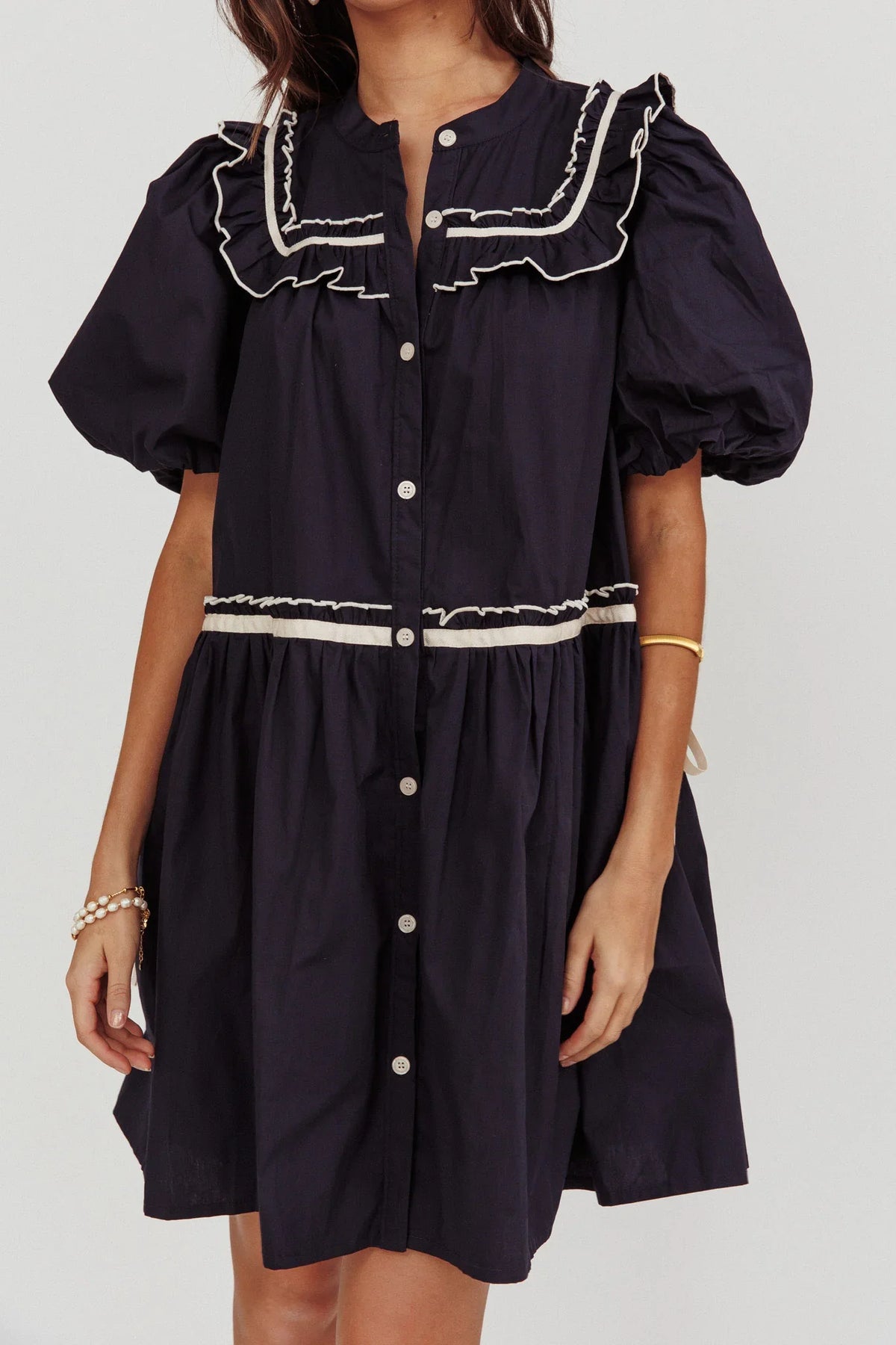 Late Spring Puff Sleeves Ruffle Mini Dress Navy