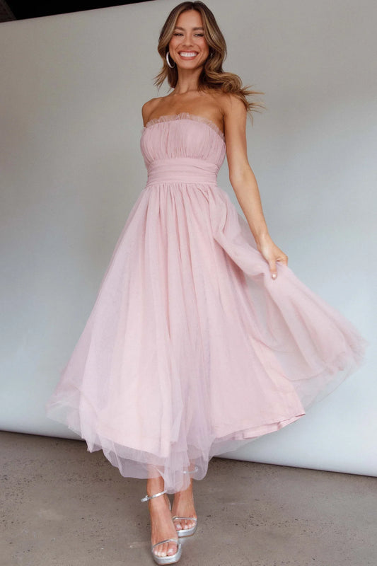 Fayette Strapless Mesh Midi Dress Blush