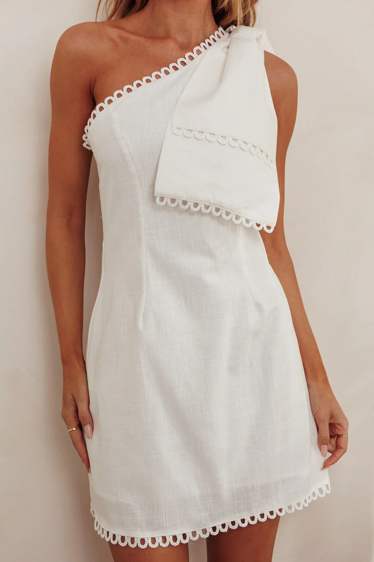 Tristi One Shoulder Bow Mini Dress White