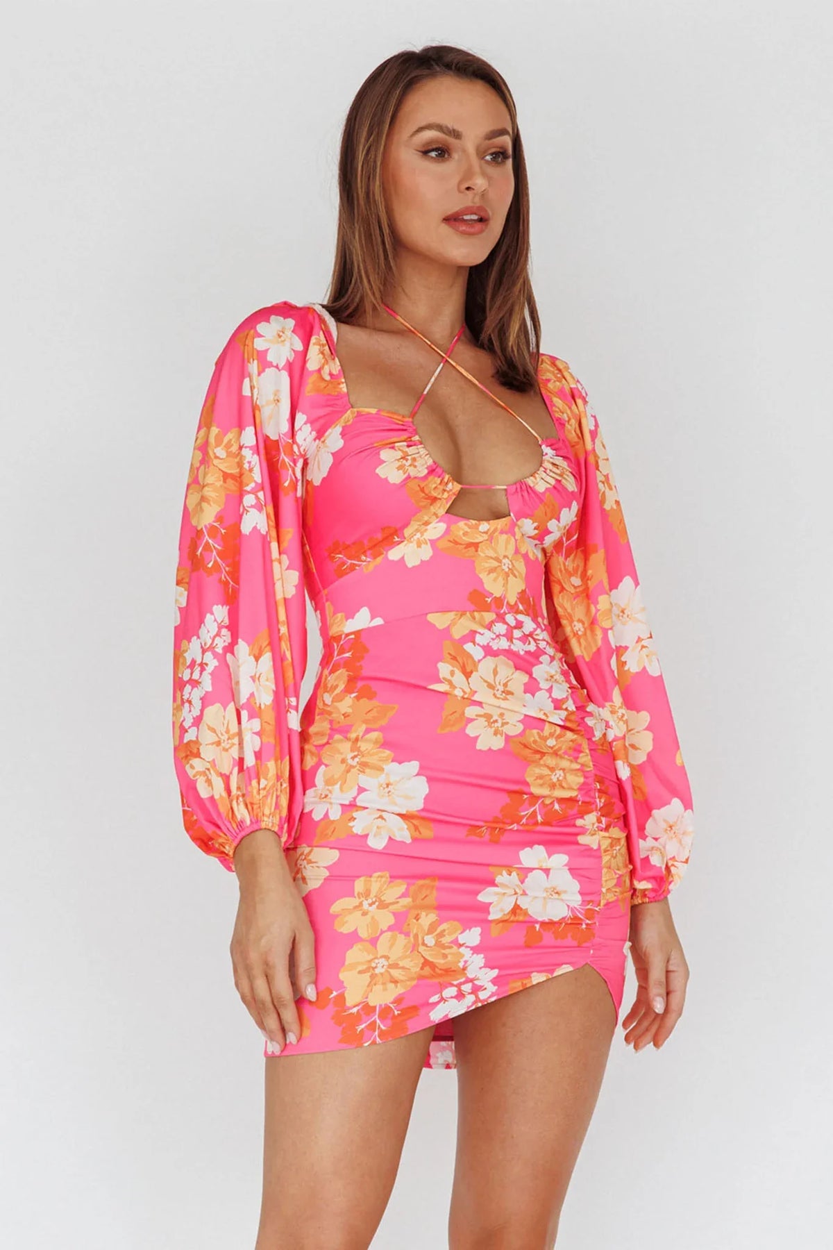 Fly Away Drawstring Bust Dress Floral Pink