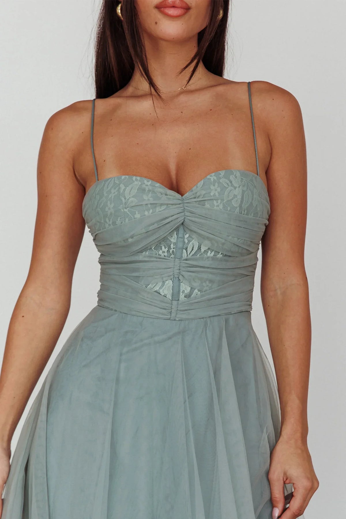 Smitten Lace Insert Tulle Midi Dress Sage