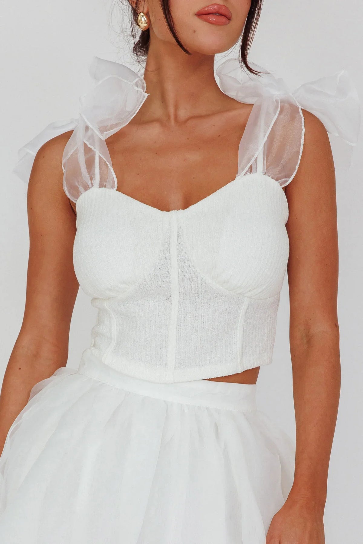 High Class Bow Shoulder Crop Top White