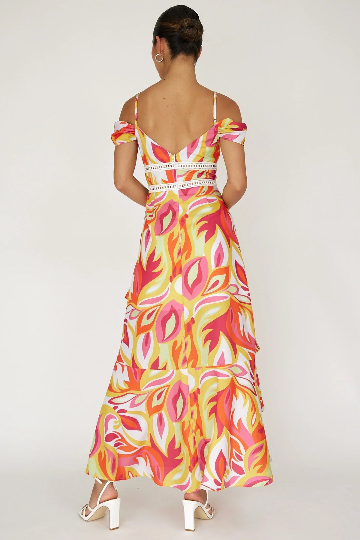 Seina Off-Shoulder Crochet Trim Dress Print Orange