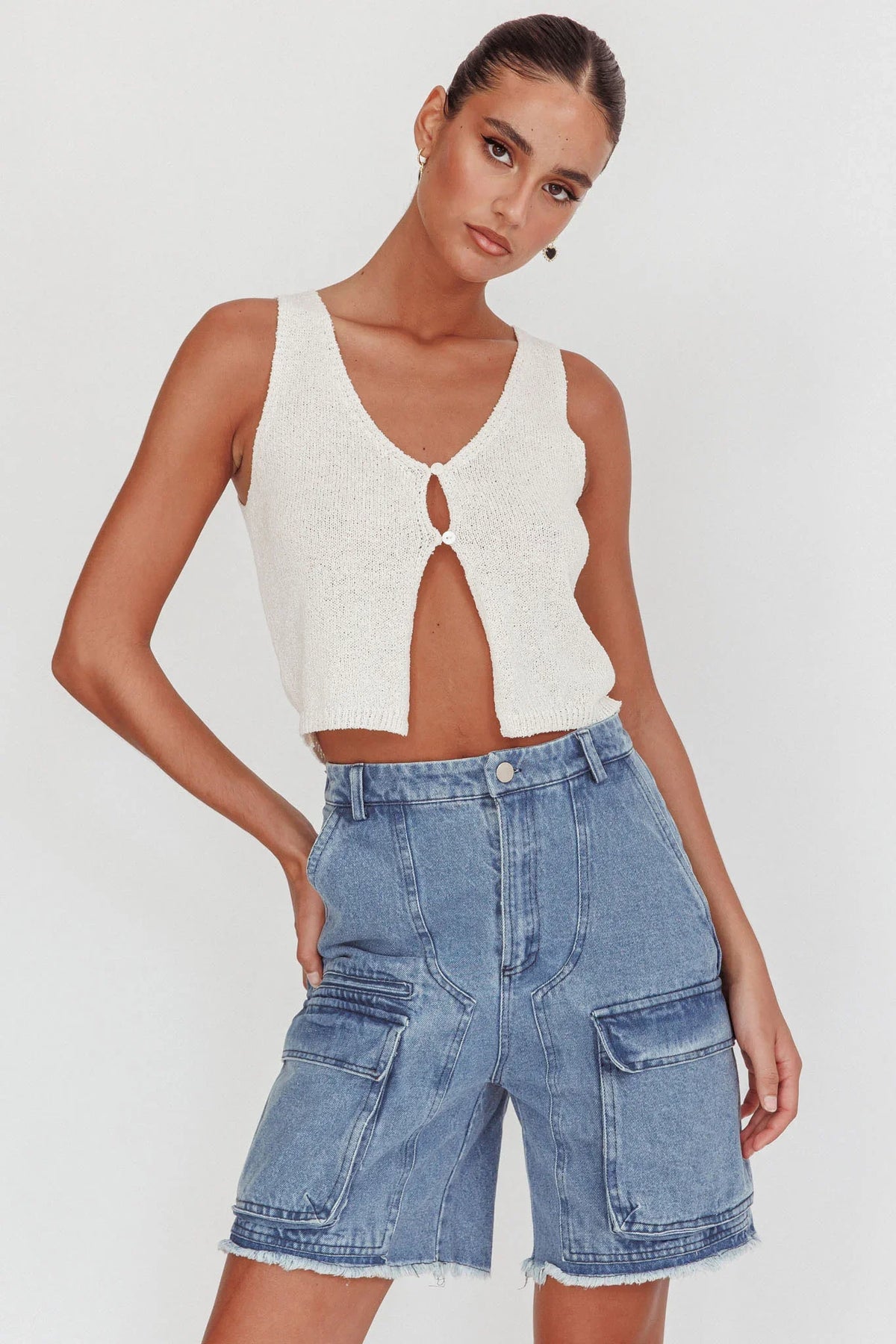 Meeka Open Front Knit Top White