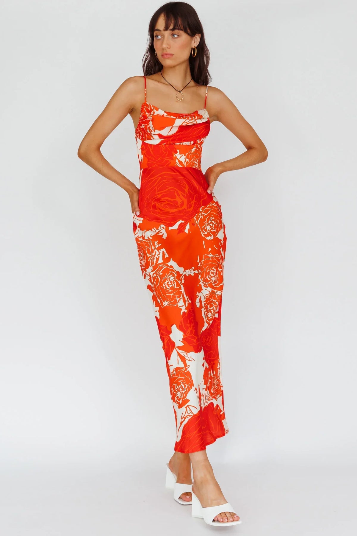 Highland Pleated Bust Midi Dress Floral Orange