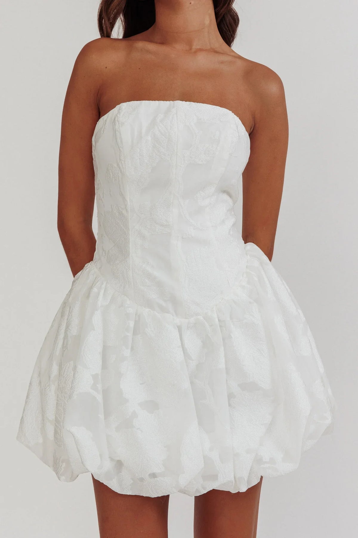 Monti Strapless Bubble Hem Mini Dress Embroidered White