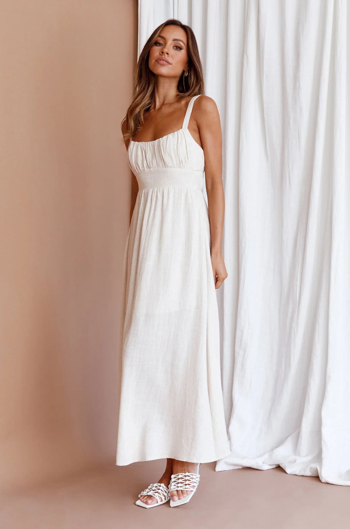 Roberta Gathered Bust Midi Dress Natural