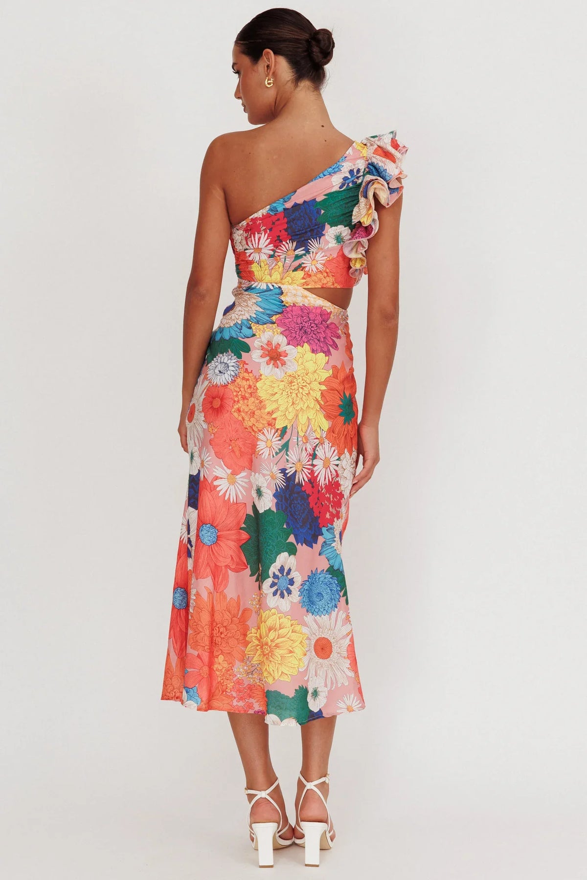 Deanna One-Shoulder Ruffle Floral Maxi Dress Orange