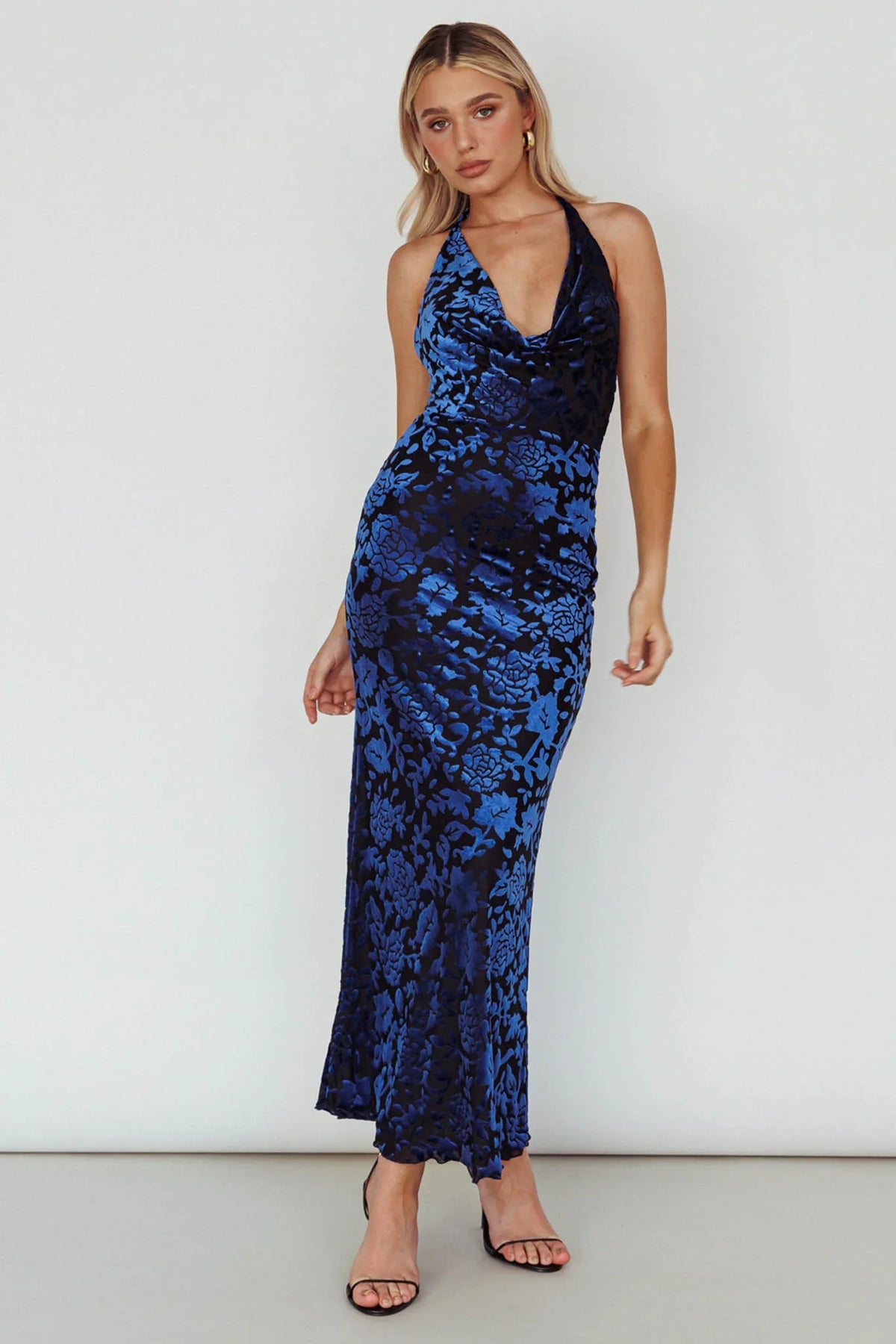 Byzantine Cowl Halterneck Midi Dress Floral Midnight Blue