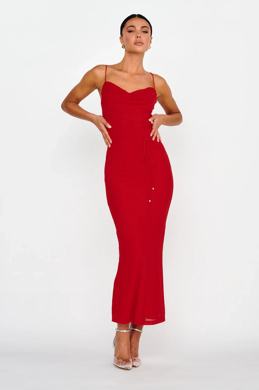 Teava Laced Waist Maxi Dress Red