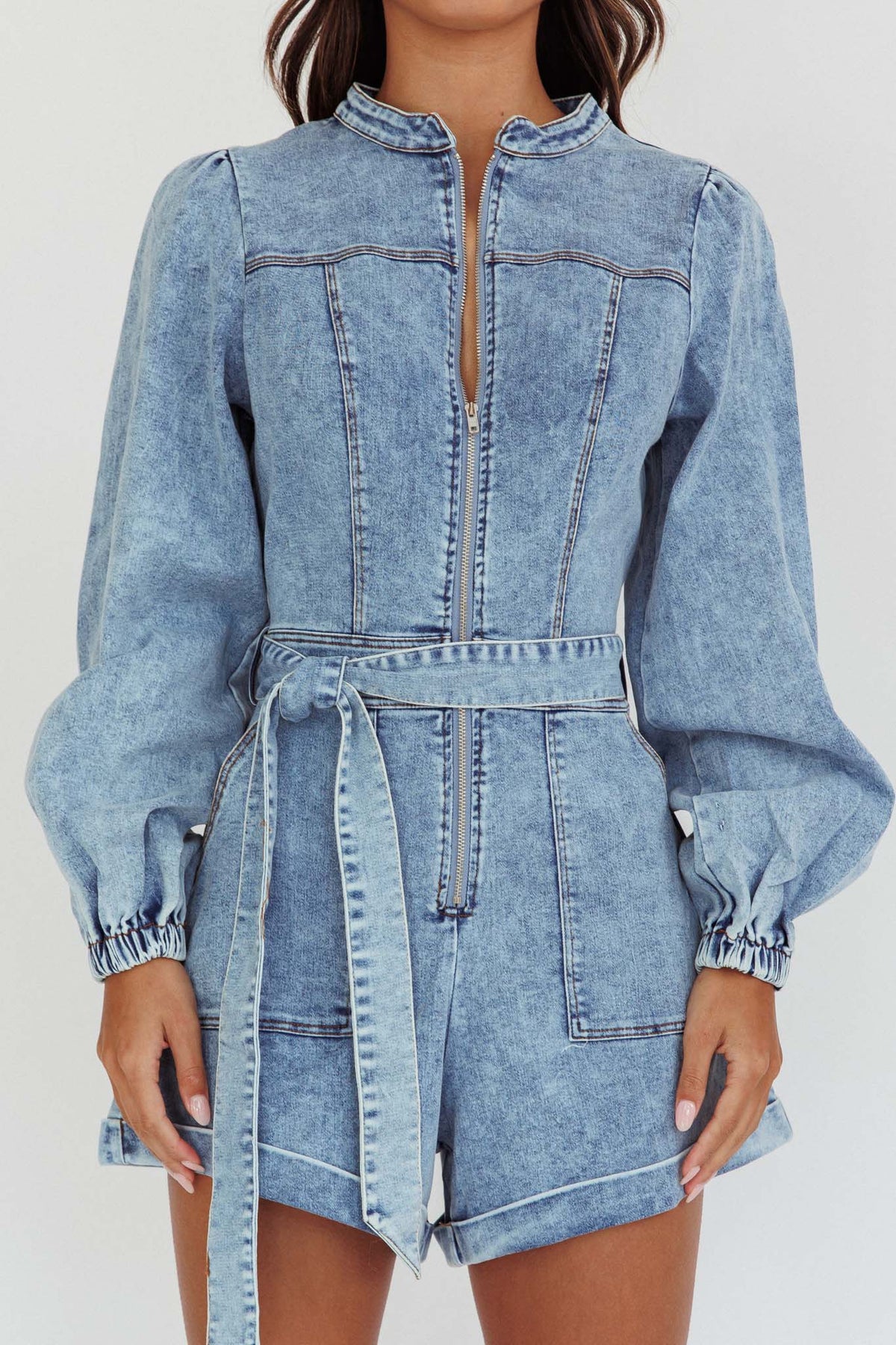 Real World Zip Front Romper Denim Blue