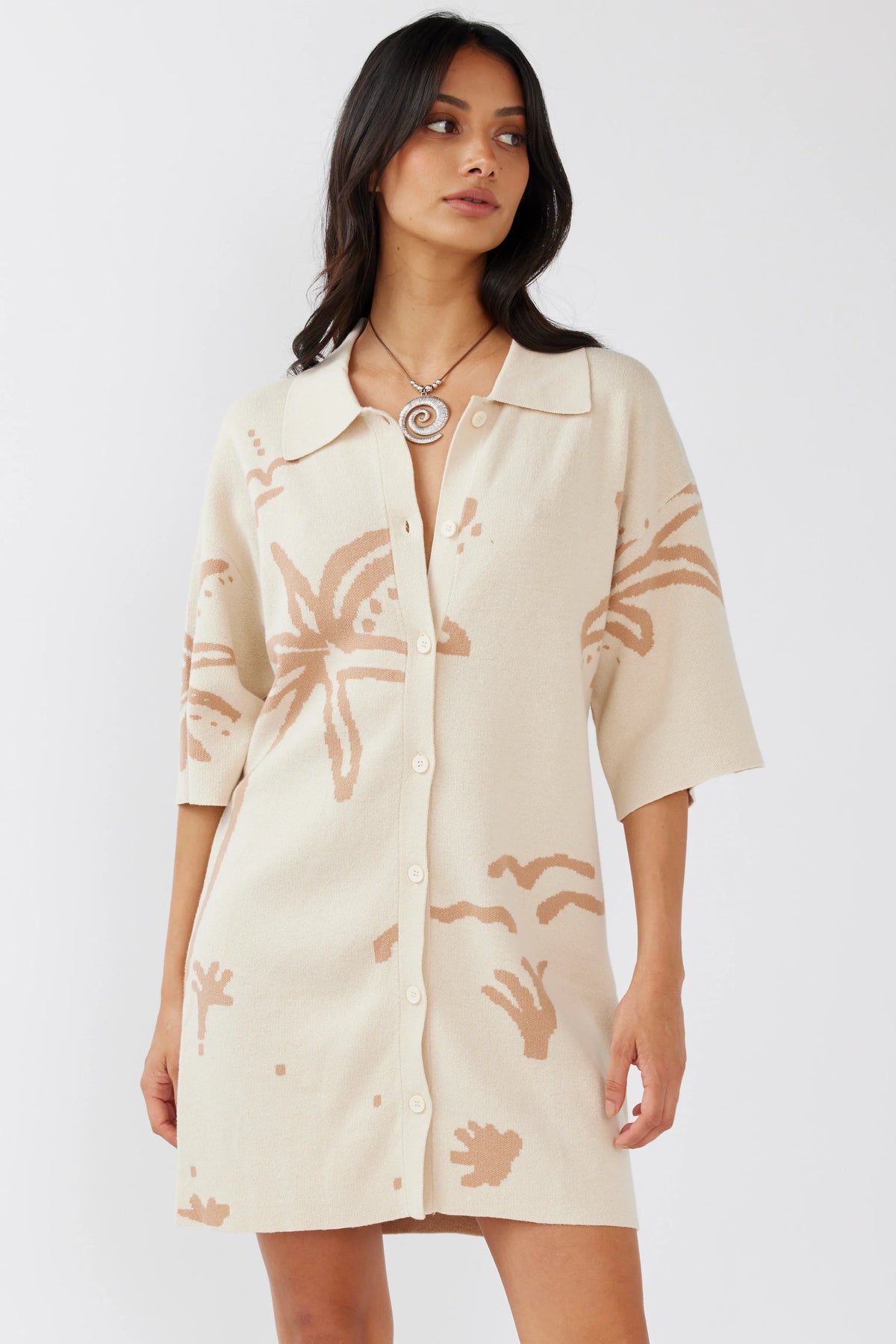Nalani Button-Up Knit Dress Sand/Wood