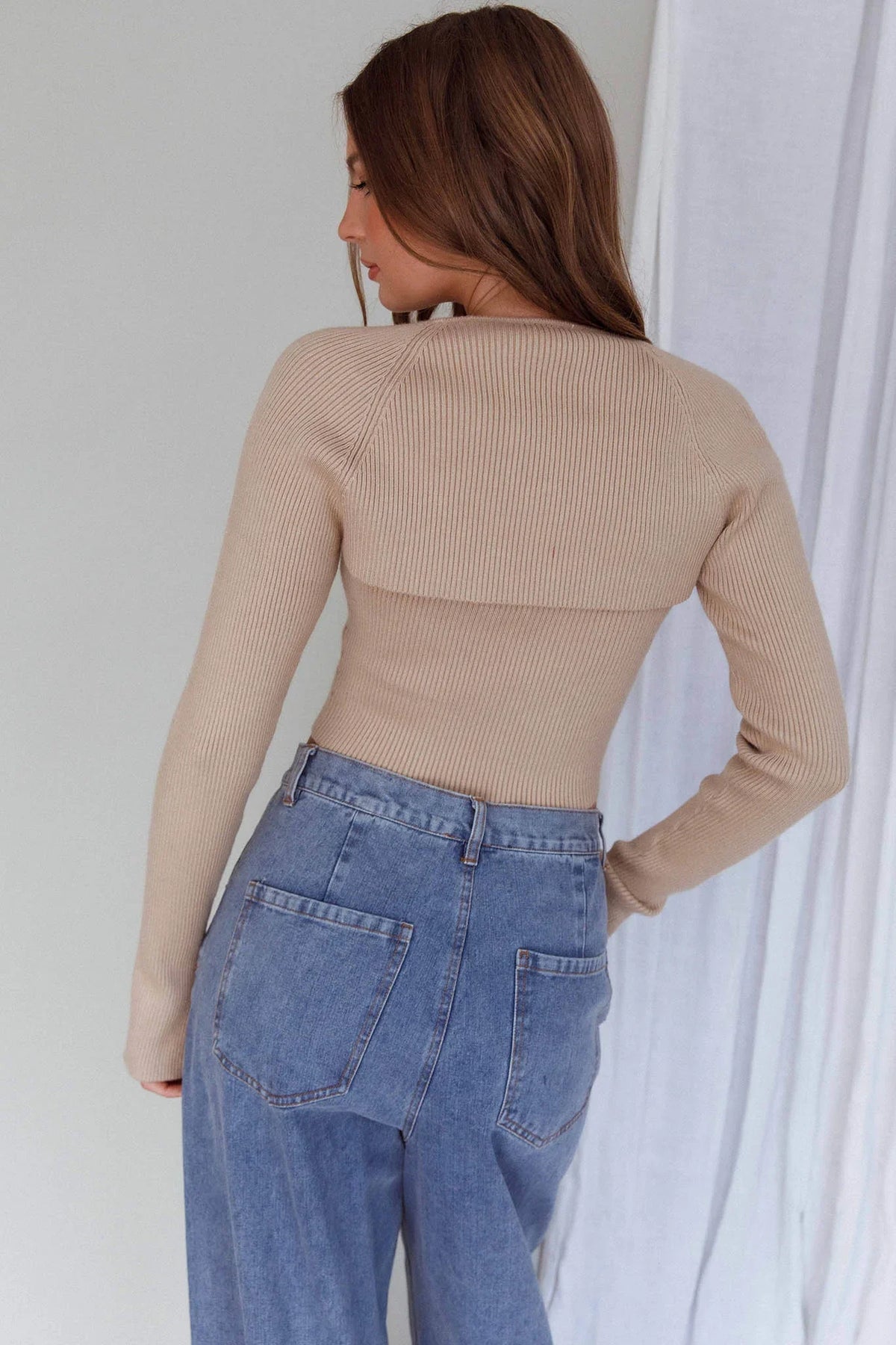 Holland One Shoulder Knit Top & Long Sleeve Shrug Latte