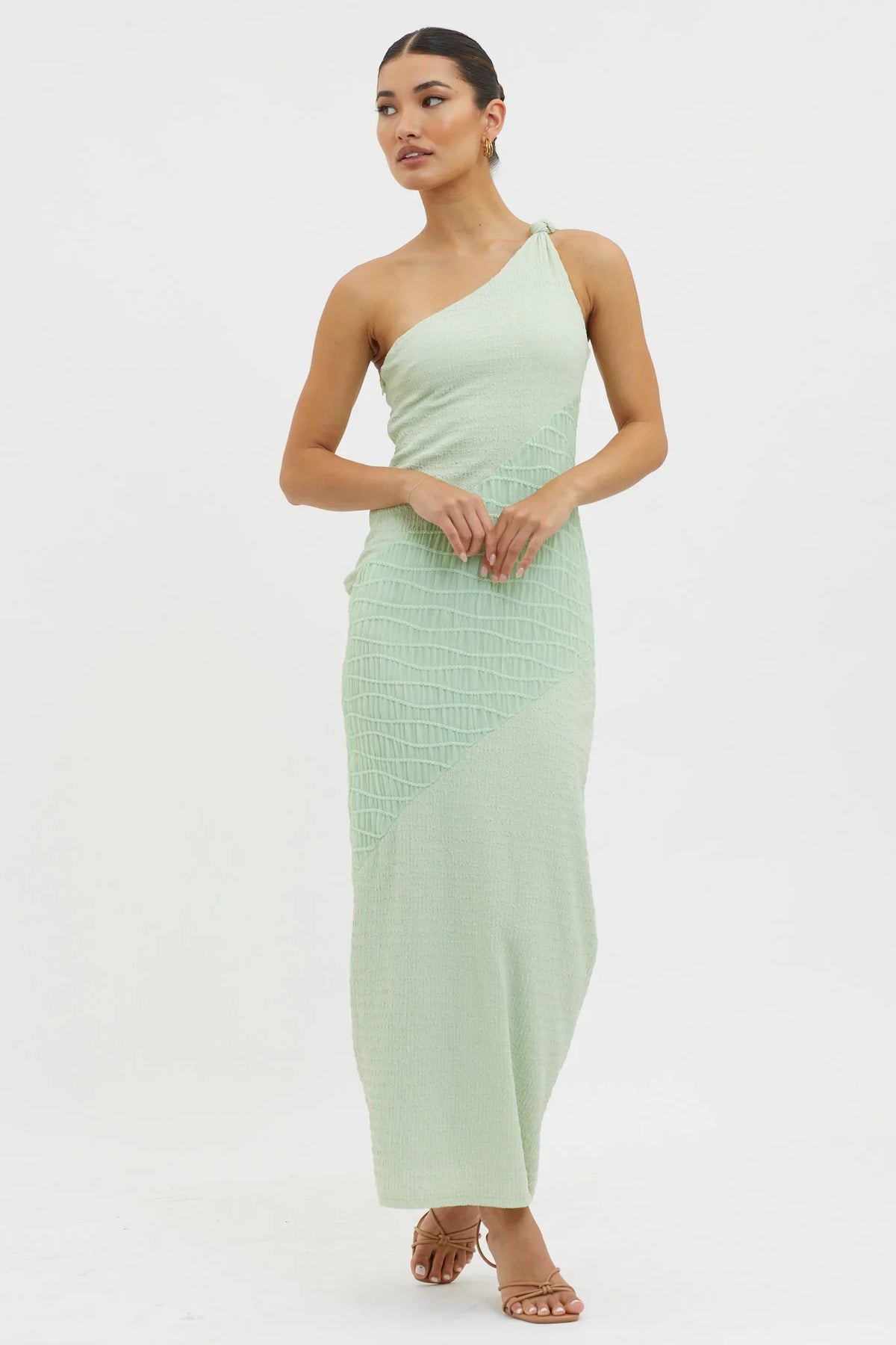 Clean Slate One-Shoulder Smocked Midi Dress Sage