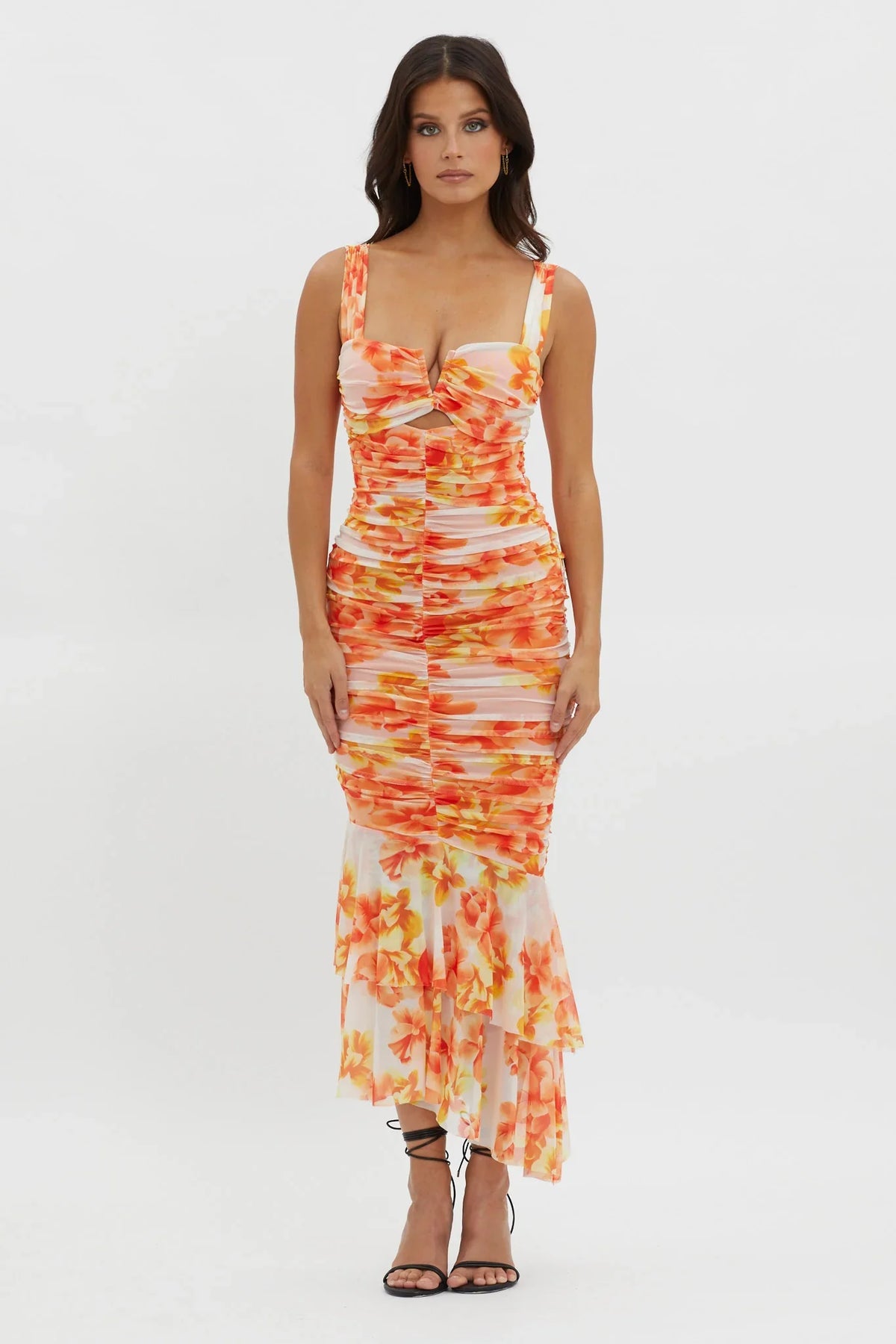 Nadia Ruched Fishtail Midi Dress Floral White