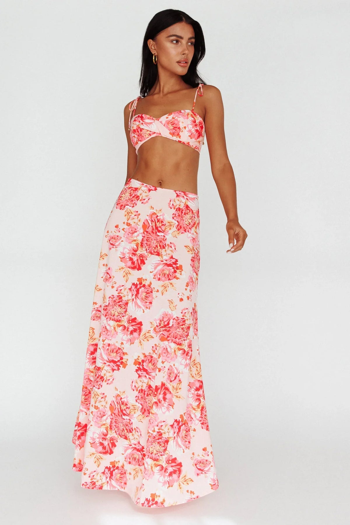 Gabbi Tied Shoulder Crop Top Floral Pink