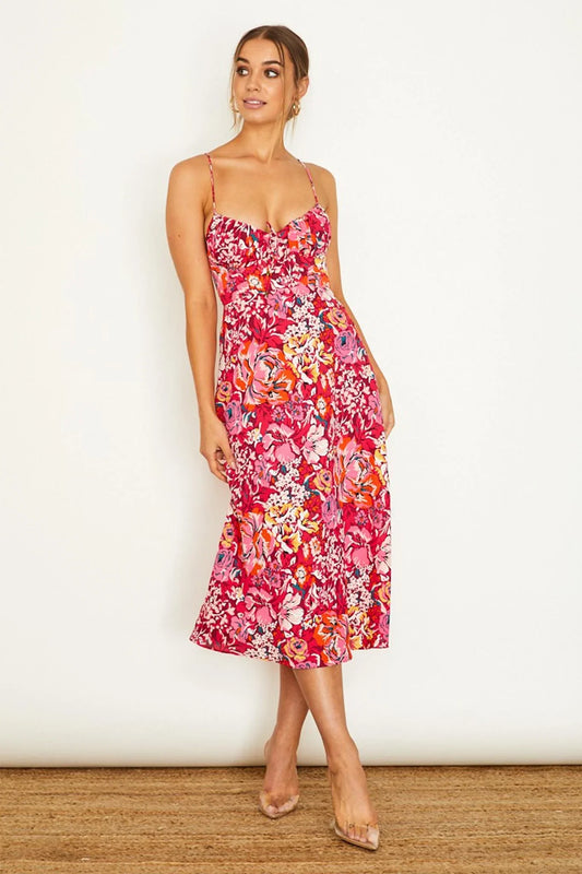 Malibu Gathered Bust Cami Strap Midi Dress Floral Red